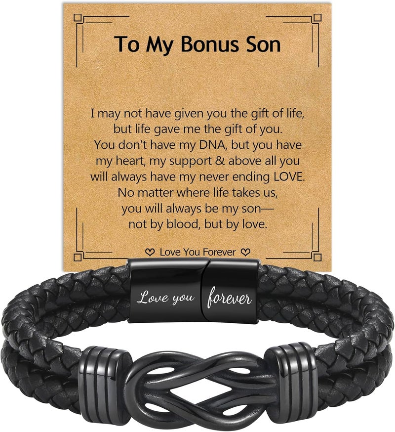EPIRORA Gifts for Men Boys- Black Braided Leather Infinity Knot Bracelets for Son Grandson Nephew Brother Dad Husband, Jewelry Gifts for Christmas Birthday Graduation Anniversary Valentine's Day - Image 1